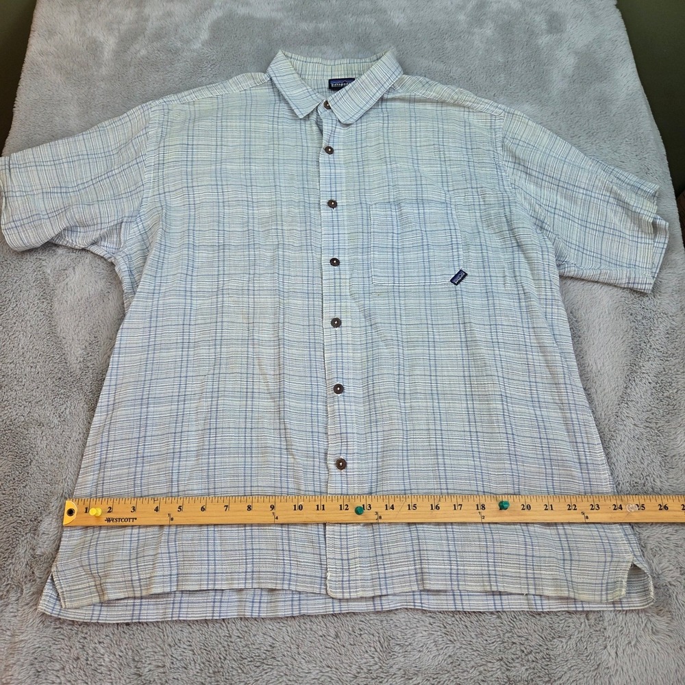 Patagonia Button Down Mens L Organic Cotton Plaid Short Sleeve Shirt Blue White